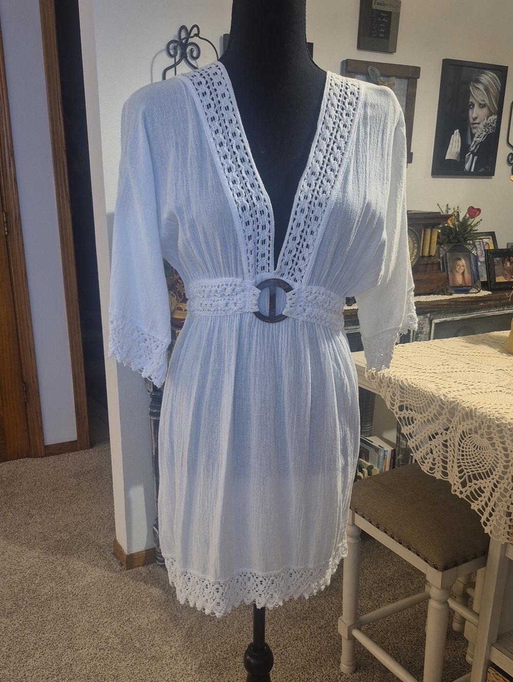 White Crochet-Trim V-Neck Tunic with Waist Detail